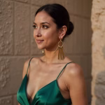 Model wearing gold fringe earrings with green dress