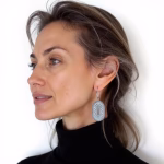 Model wearing silver oval drop earrings