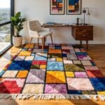 Patchwork color block rug in home office featuring bright geometric squares under mid-century desk and chair