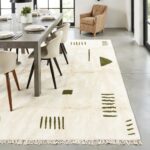 Moroccan Berber rug runner handwoven wool olive geometric design cream entryway carpet with fringe