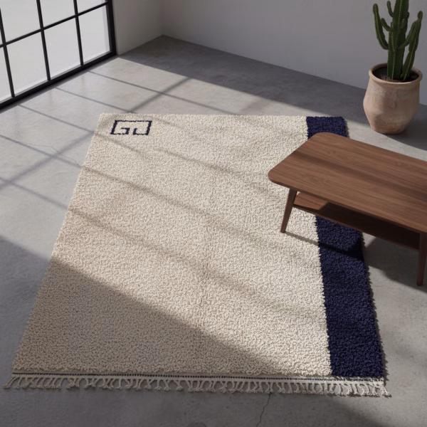 Modern minimalist rug with cream base and navy blue accent stripe in contemporary living room with wooden coffee table and cactus plant