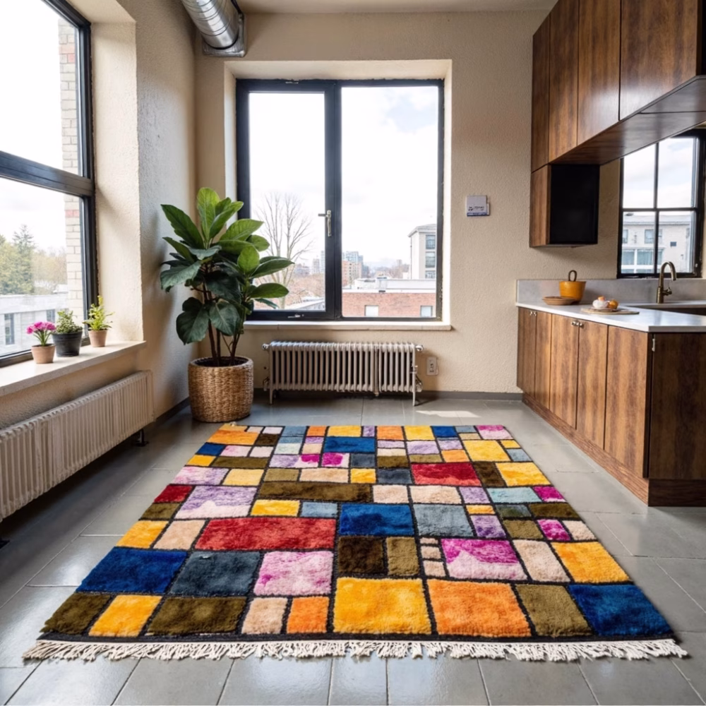 Modern patchwork rug in contemporary kitchen featuring warm wood tones