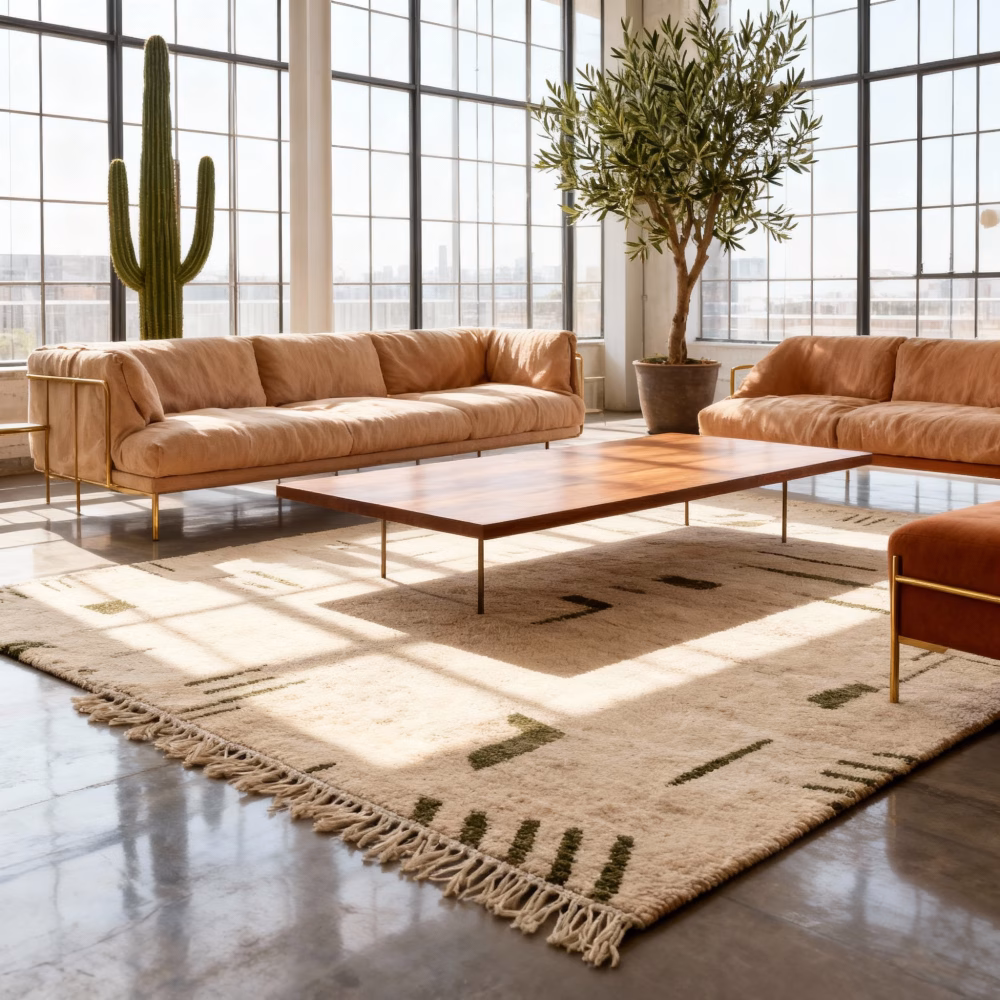Moroccan Berber rug with geometric border design in contemporary loft space featuring tan leather furniture and floor-to-ceiling windows