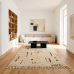 Moroccan Berber rug with traditional geometric patterns in minimalist living room featuring beige sectional sofa and wooden shelving unit