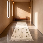 Moroccan runner Berber rug with authentic tribal motifs displayed in modern hallway with natural lighting and wooden bench