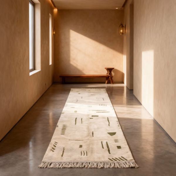 Moroccan runner Berber rug with authentic tribal motifs displayed in modern hallway with natural lighting and wooden bench