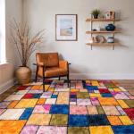 Multicolor Berber rug with leather accent chair showing scale