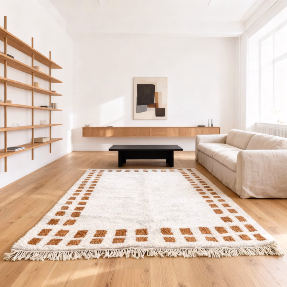 Neutral border rug with checkered design in modern minimalist living space with built-in seating