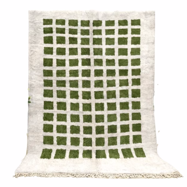Olive green grid pattern Moroccan rug with cream base full view