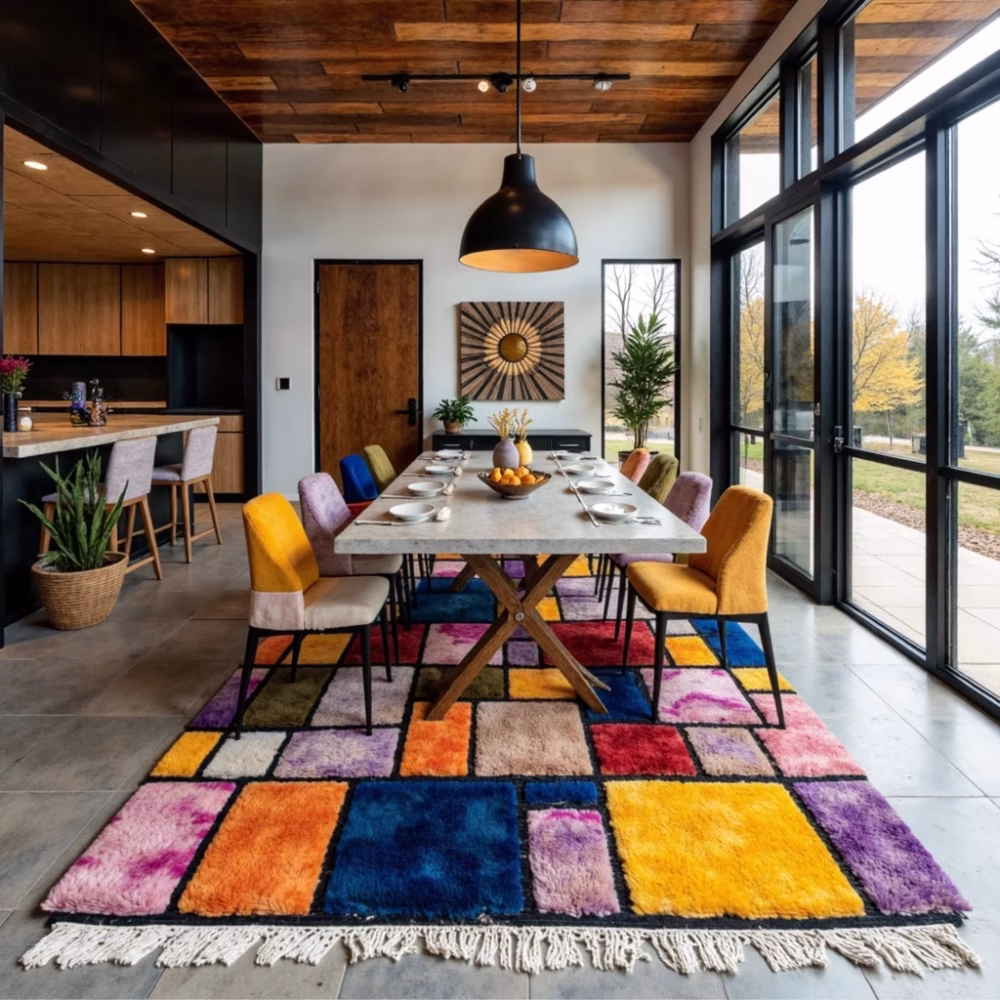 Patchwork Moroccan rug in modern dining room with glass walls