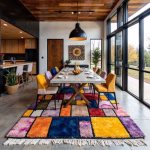 Patchwork Moroccan rug in modern dining room with glass walls