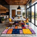 Patchwork color block rug detail showing handwoven wool construction with multicolor geometric squares and fringe