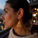 Side profile showing geometric brass earrings with double triangle design and intricate scrollwork