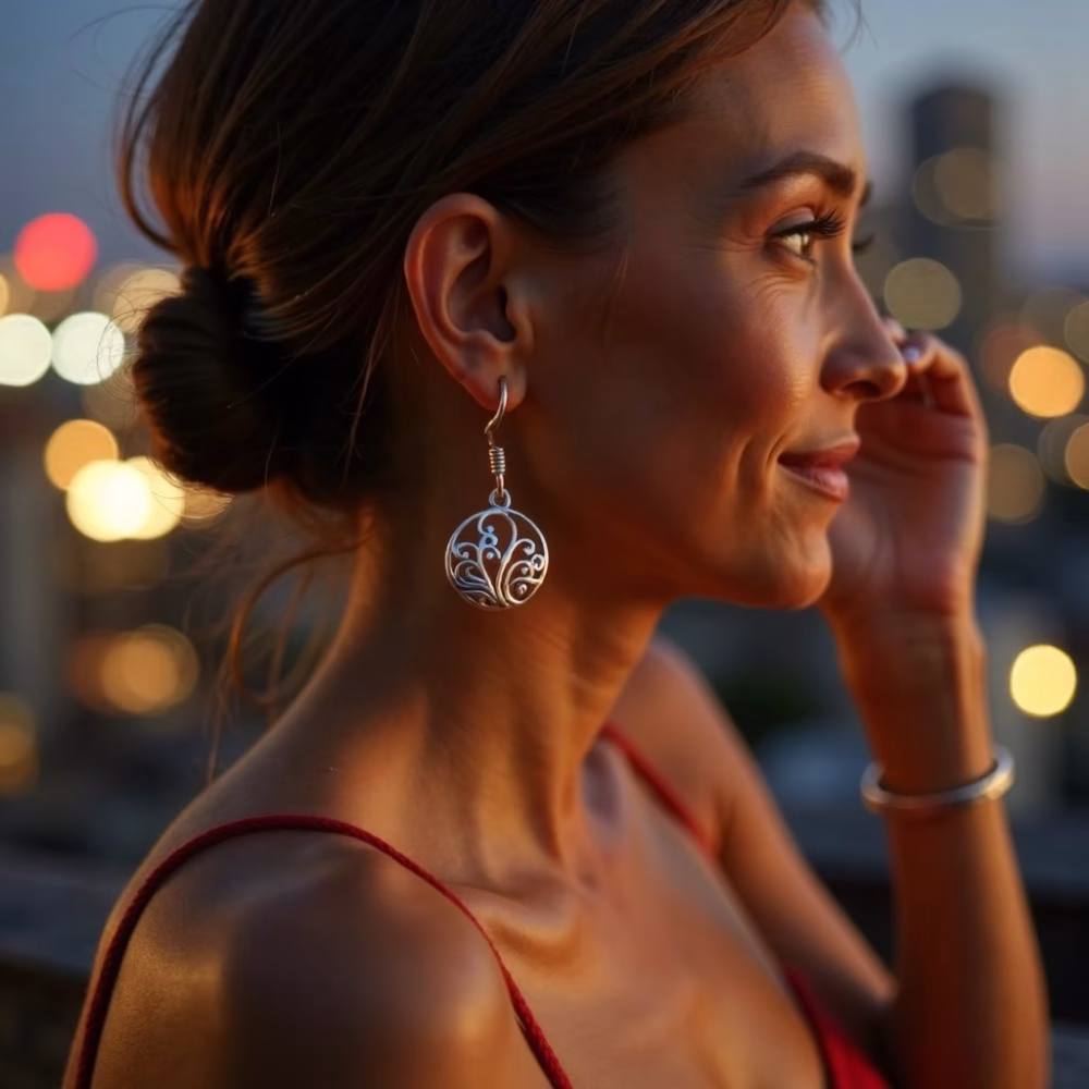 Profile view of silver filigree earrings at night