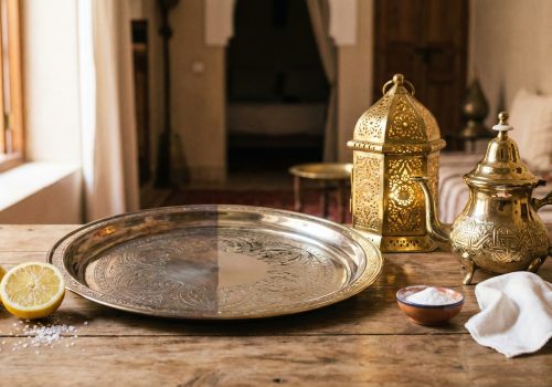 A still life photograph of freshly polished, shiny Moroccan brass items, including a teapot and tray, arranged on a table next to natural cleaning supplies like lemons, salt, and a soft cloth.
