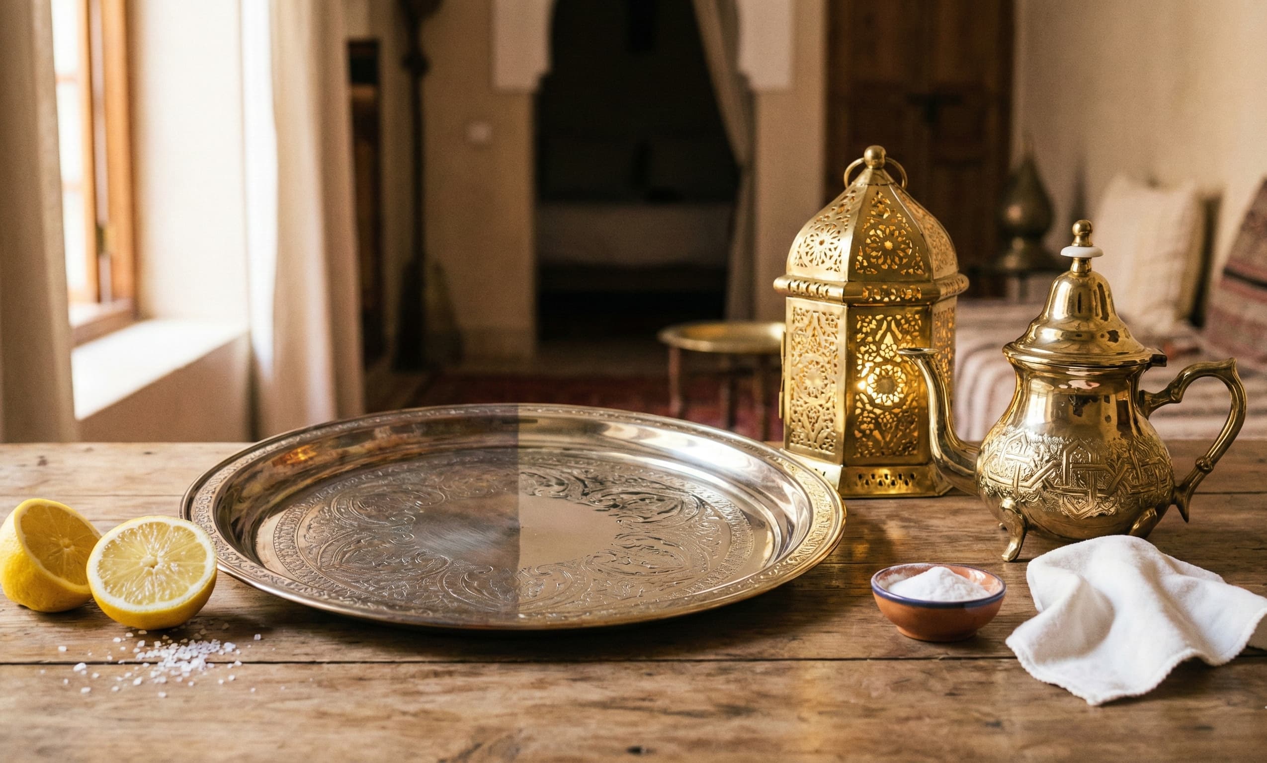 A still life photograph of freshly polished, shiny Moroccan brass items, including a teapot and tray, arranged on a table next to natural cleaning supplies like lemons, salt, and a soft cloth.