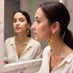 Side profile of gold stick fringe earrings on model