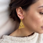 Side view of gold geometric triangle earrings