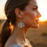 Sterling silver filigree earrings Tree of Life design shown at sunset, profile view