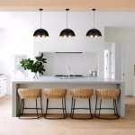 Three black dome pendant lights illuminating modern white kitchen with wooden bar stools