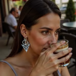 Woman with silver tribal fibula earrings at cafe
