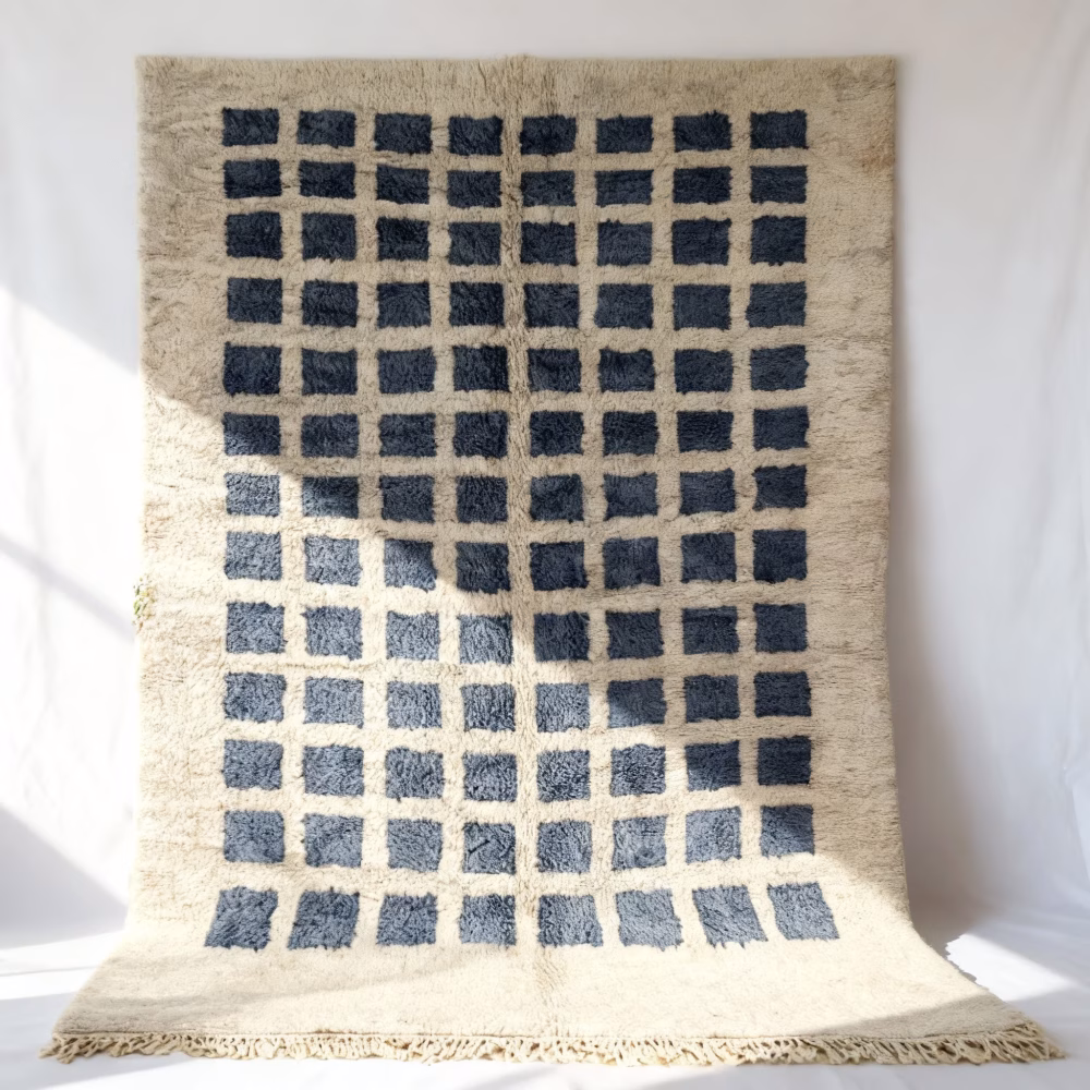 gray grid pattern Moroccan rug with traditional fringe detail