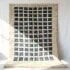 Ombré blue gray geometric wool rug with checkered Berber grid on cream base and traditional fringe detail