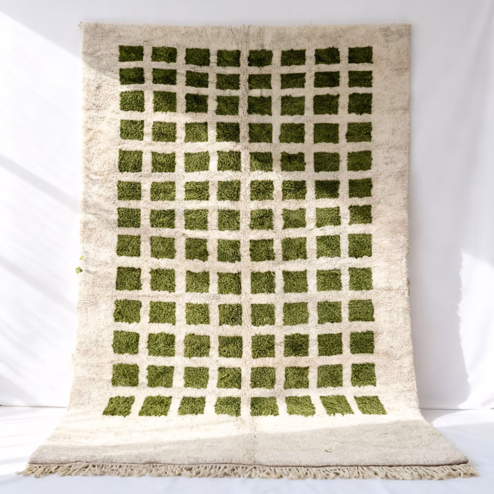 green grid pattern Moroccan rug with traditional fringe detail
