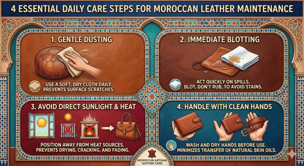 The Complete Guide to Caring for Moroccan Leather: Traditional Methods & Modern Tips An ornate Moroccan-style infographic with blue and red geometric patterns, titled '4 ESSENTIAL DAILY CARE STEPS FOR MOROCCAN LEATHER MAINTENANCE'. It details four care steps in four numbered panels: 1. Gentle Dusting of a pouf with a soft, dry cloth; 2. Immediate Blotting of a spill on leather (don't rub); 3. Avoid Direct Sunlight & Heat (moving a bag away from sun, radiator, and fire); and 4. Handle With Clean Hands holding a wallet and belt. A bottom seal reads 'MOROCCAN ARTISAN LEATHER CARE'.