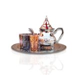 Handcrafted Moroccan mint tea set with silver engraved teapot 6 glasses and decorative serving tray