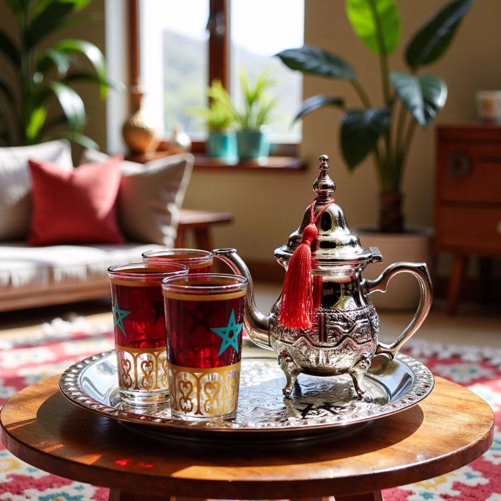 Authentic silver and red Moroccan tea set styled on wooden table in cozy living area