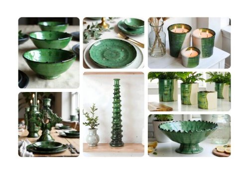 Collage of finished Tamegroute pottery products featuring seven scenes: green glazed serving bowls, decorative plates, candle holders, table settings, a tall decorative column, plant holders, and an ornate serving bowl - all showcasing the characteristic emerald to deep green glazes