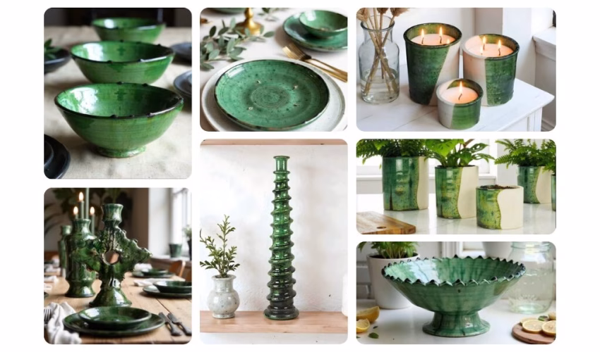 Collage of finished Tamegroute pottery products featuring seven scenes: green glazed serving bowls, decorative plates, candle holders, table settings, a tall decorative column, plant holders, and an ornate serving bowl - all showcasing the characteristic emerald to deep green glazes