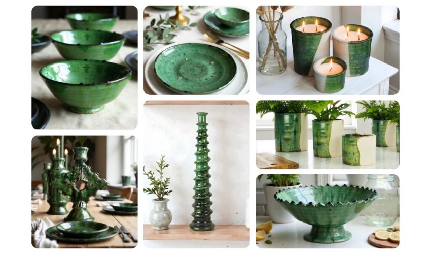 Collage of finished Tamegroute pottery products featuring seven scenes: green glazed serving bowls, decorative plates, candle holders, table settings, a tall decorative column, plant holders, and an ornate serving bowl - all showcasing the characteristic emerald to deep green glazes