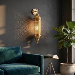 Brass filigree wall sconce illuminated in modern living room with dark walls and teal velvet sofa, creating dramatic light and shadow effects