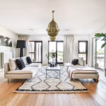 Brass lampshade creating ambiance in modern living room