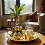 Steaming footed teapot and glasses on a brass mini tea set tray atop a traditional Moroccan mosaic table