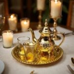 Three-quarter view of a brass mini tea set with an engraved footed teapot and patterned tea glasses