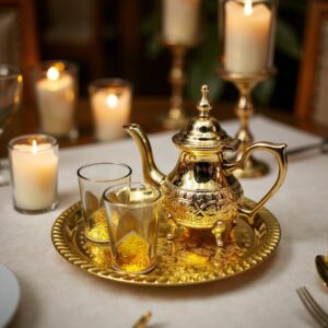 Three-quarter view of a brass mini tea set with an engraved footed teapot and patterned tea glasses