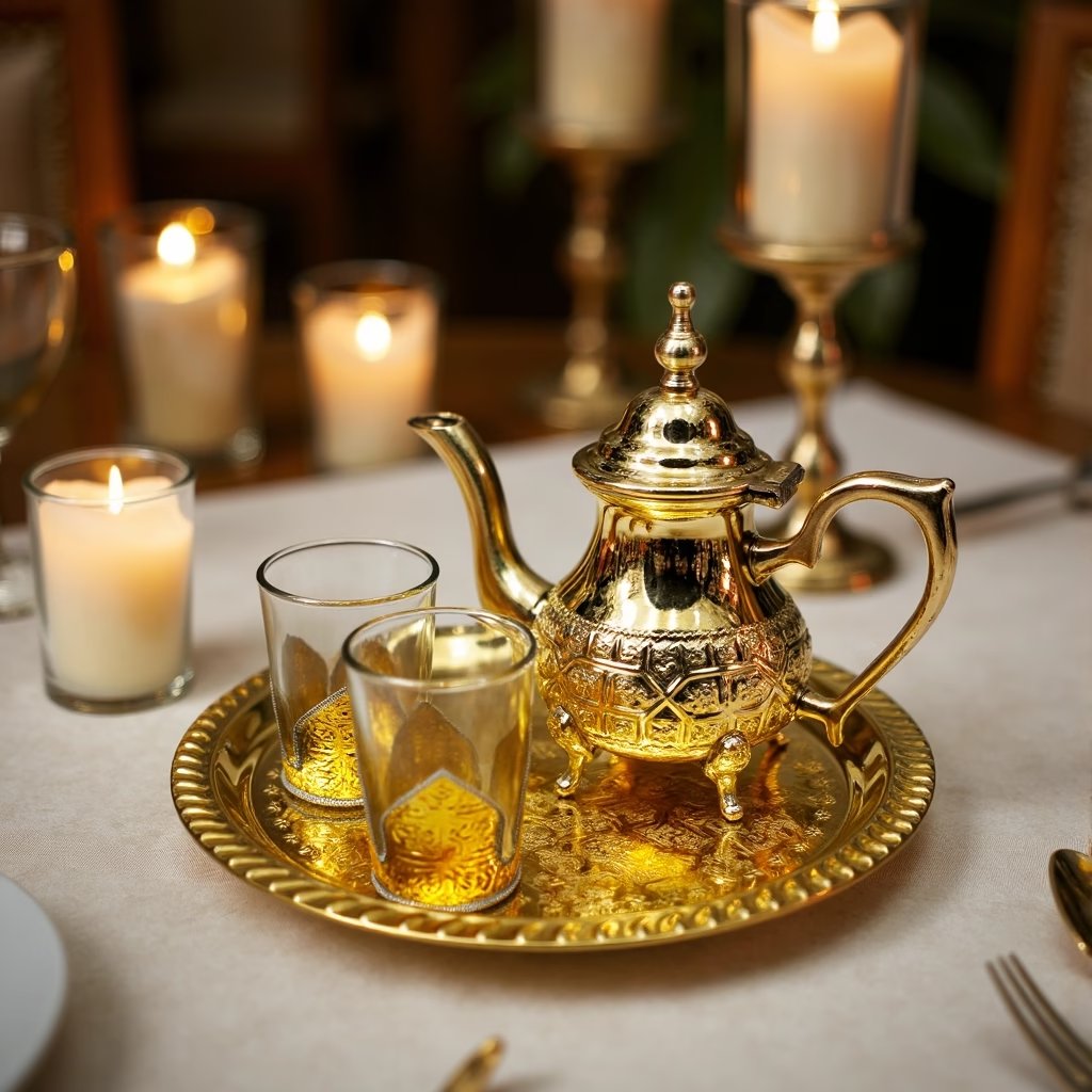 Three-quarter view of a brass mini tea set with an engraved footed teapot and patterned tea glasses