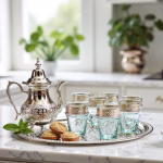 Close-up of silver-plated Moroccan engraved tea set with teapot, decorated glasses and pastries on serving tray