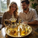 Couple enjoying conversation with decorative mini tea set on table