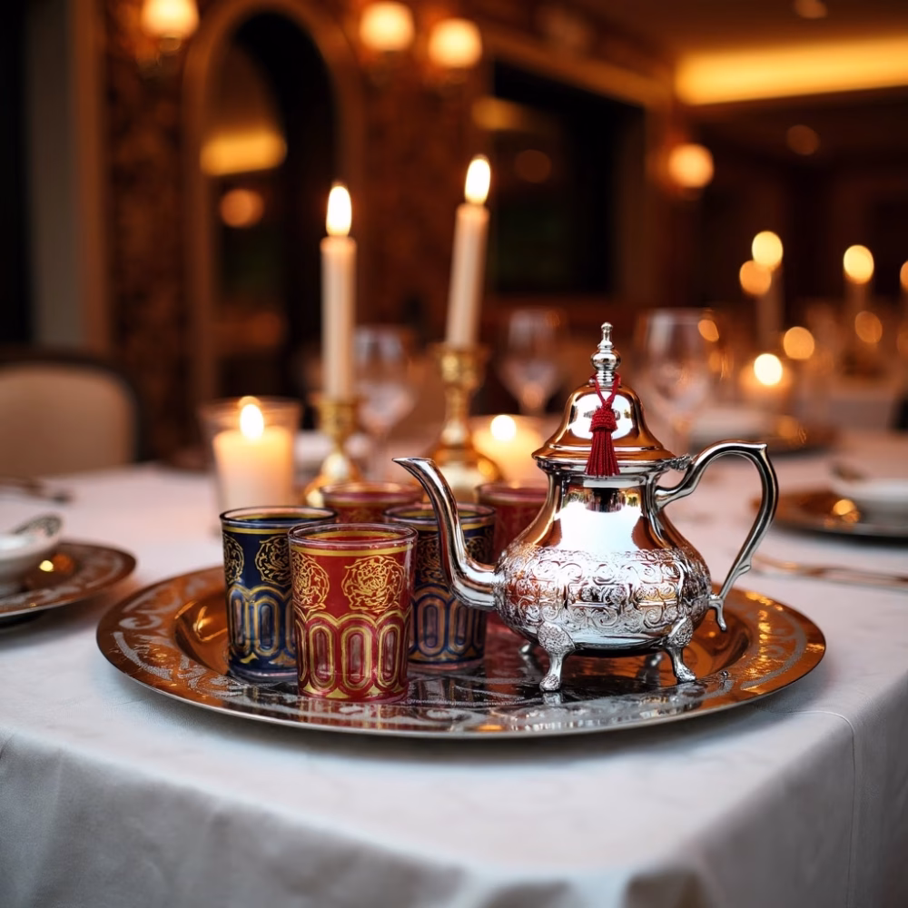 Decorative Moroccan mint tea set with multicolored glasses on formal dining table