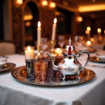 Decorative Moroccan mint tea set with multicolored glasses on formal dining table