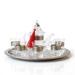 Handcrafted glass tea set with silver engravings including teapot 6 glasses and decorative serving tray