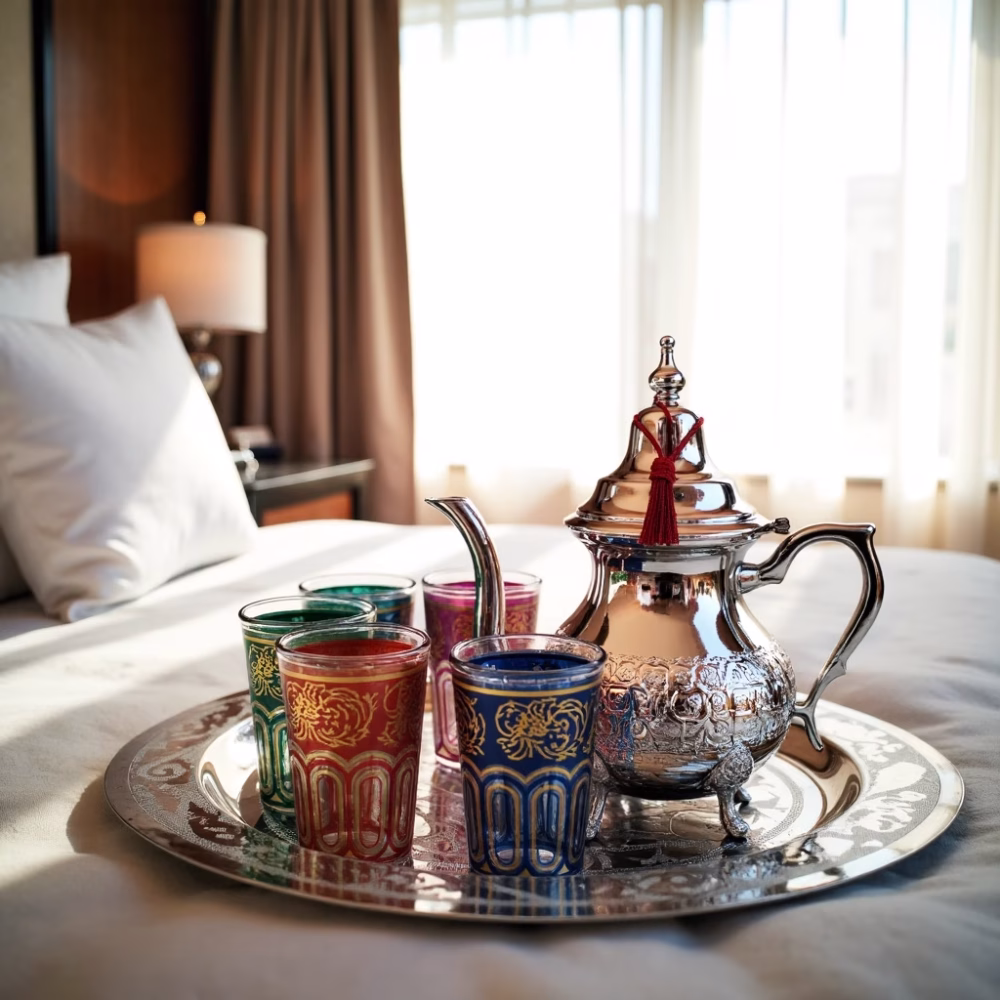 Elegant silver Moroccan tea set with vibrant colored glasses in sophisticated setting