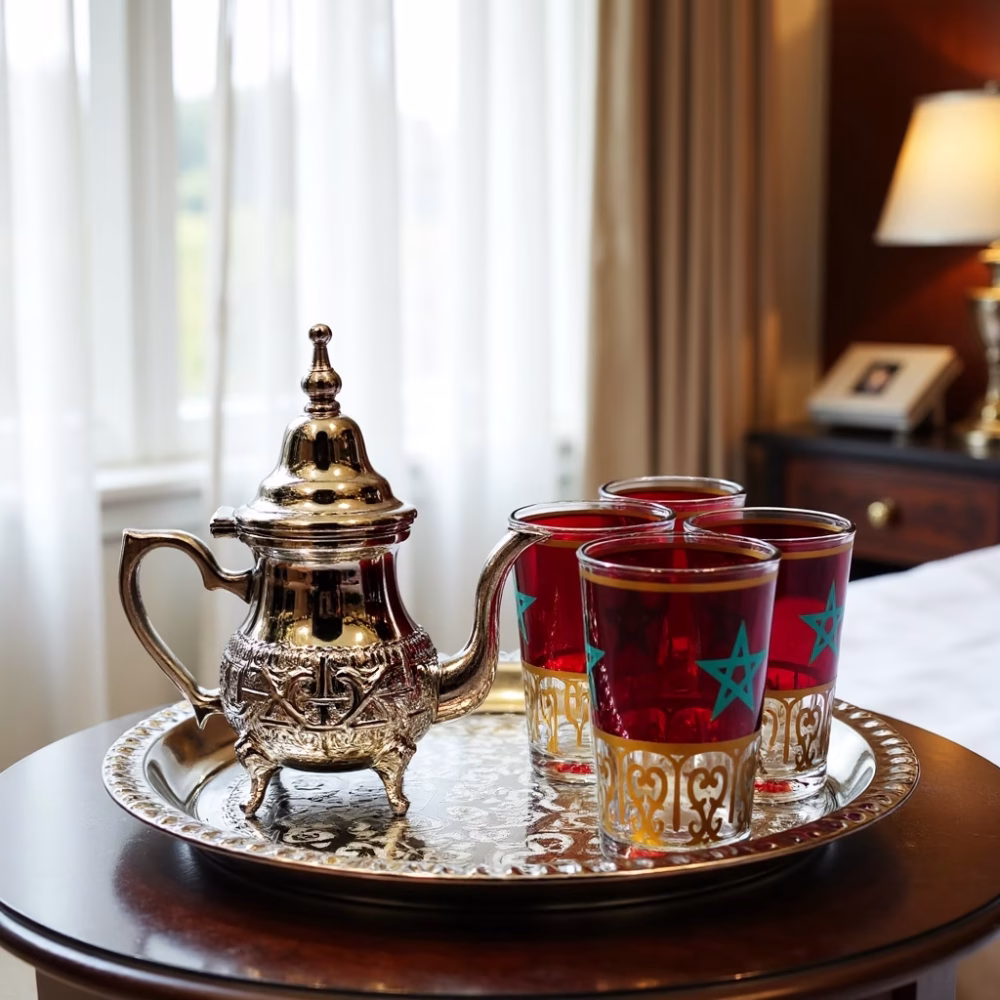 Elegant silver-plated small tea set with patriotic red glasses in bright home setting