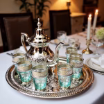 Elegant silver-plated tea set with engraved teapot and glasses on formal dining table