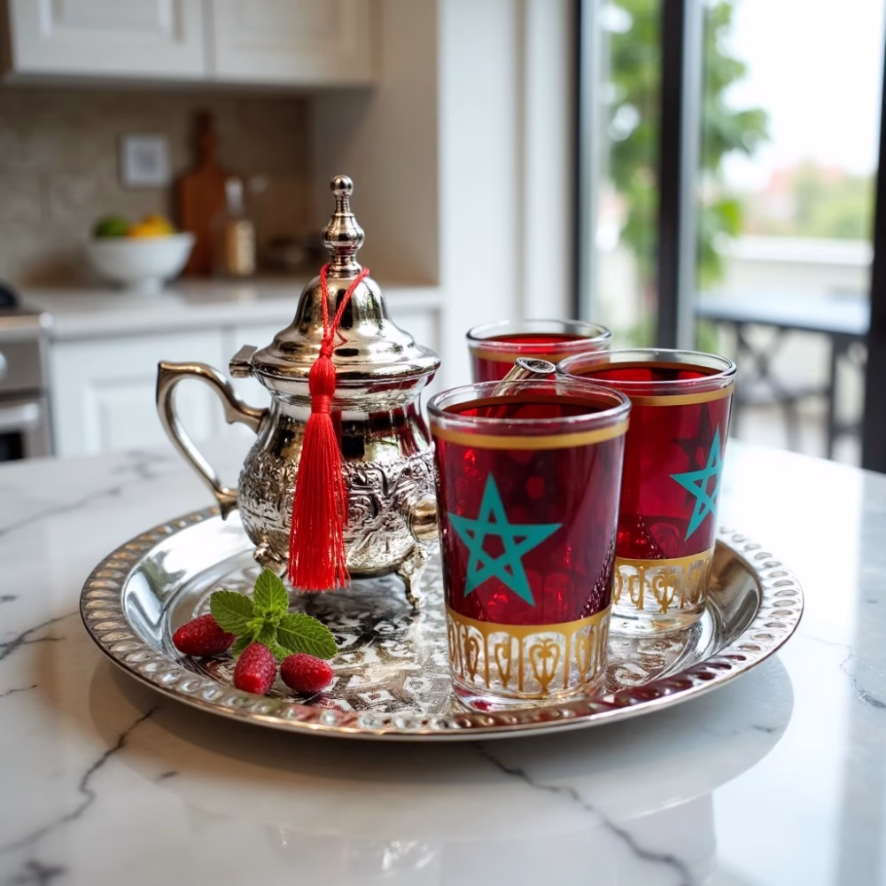 Elegant small tea set with silver teapot and Morocco flag-decorated glasses on marble surface