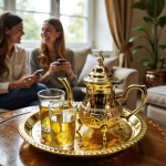 Friends sharing tea with authentic Moroccan mini tea set in stylish home